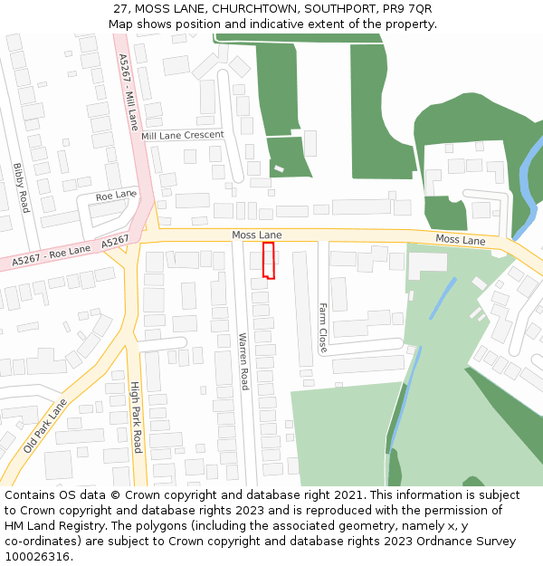 27, MOSS LANE, CHURCHTOWN, SOUTHPORT, PR9 7QR: Location map and indicative extent of plot