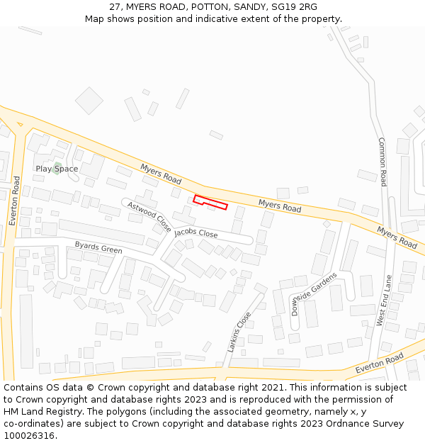 27, MYERS ROAD, POTTON, SANDY, SG19 2RG: Location map and indicative extent of plot