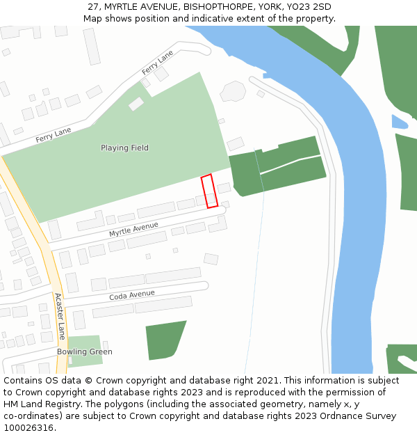 27, MYRTLE AVENUE, BISHOPTHORPE, YORK, YO23 2SD: Location map and indicative extent of plot