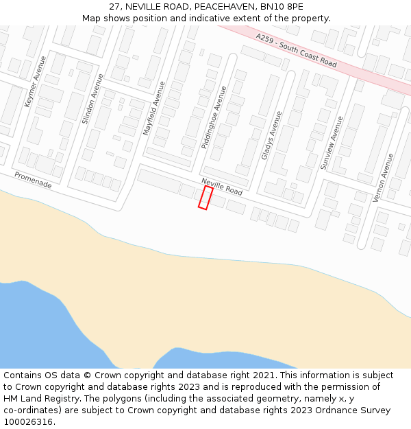 27, NEVILLE ROAD, PEACEHAVEN, BN10 8PE: Location map and indicative extent of plot