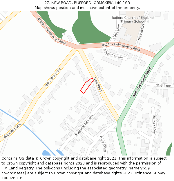 27, NEW ROAD, RUFFORD, ORMSKIRK, L40 1SR: Location map and indicative extent of plot