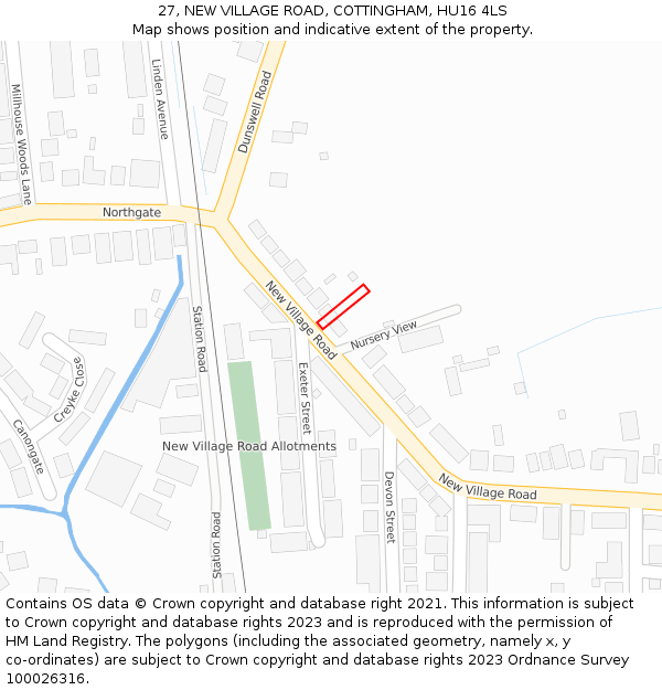 27, NEW VILLAGE ROAD, COTTINGHAM, HU16 4LS: Location map and indicative extent of plot