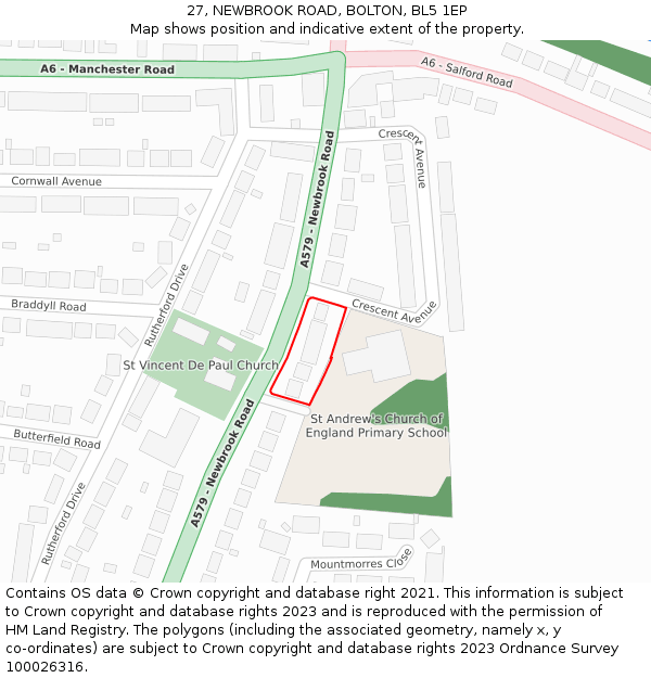 27, NEWBROOK ROAD, BOLTON, BL5 1EP: Location map and indicative extent of plot