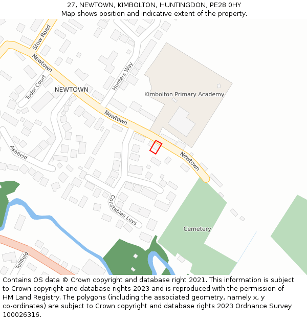 27, NEWTOWN, KIMBOLTON, HUNTINGDON, PE28 0HY: Location map and indicative extent of plot