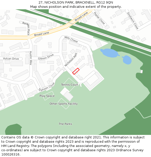 27, NICHOLSON PARK, BRACKNELL, RG12 9QN: Location map and indicative extent of plot