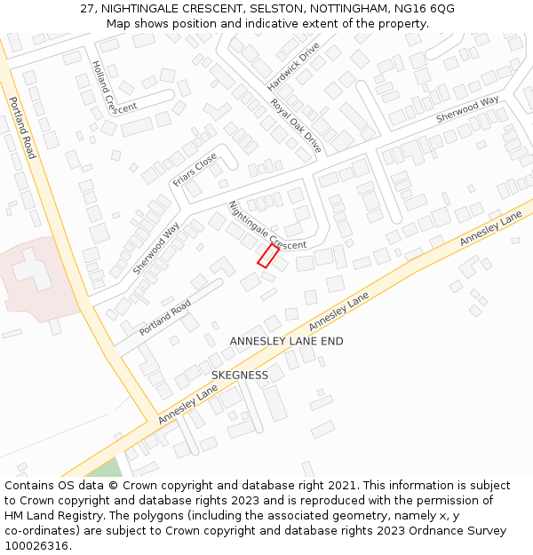 27, NIGHTINGALE CRESCENT, SELSTON, NOTTINGHAM, NG16 6QG: Location map and indicative extent of plot