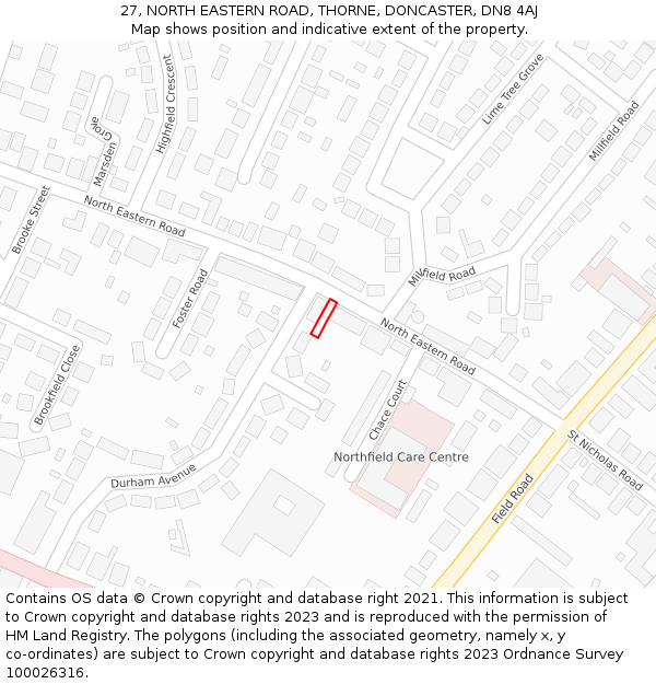 27, NORTH EASTERN ROAD, THORNE, DONCASTER, DN8 4AJ: Location map and indicative extent of plot