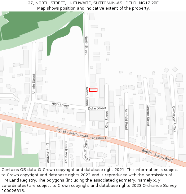 27, NORTH STREET, HUTHWAITE, SUTTON-IN-ASHFIELD, NG17 2PE: Location map and indicative extent of plot