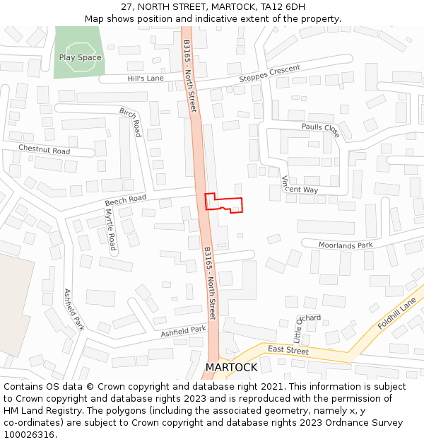 27, NORTH STREET, MARTOCK, TA12 6DH: Location map and indicative extent of plot