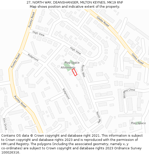 27, NORTH WAY, DEANSHANGER, MILTON KEYNES, MK19 6NF: Location map and indicative extent of plot