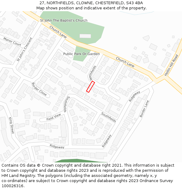 27, NORTHFIELDS, CLOWNE, CHESTERFIELD, S43 4BA: Location map and indicative extent of plot
