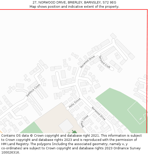 27, NORWOOD DRIVE, BRIERLEY, BARNSLEY, S72 9EG: Location map and indicative extent of plot