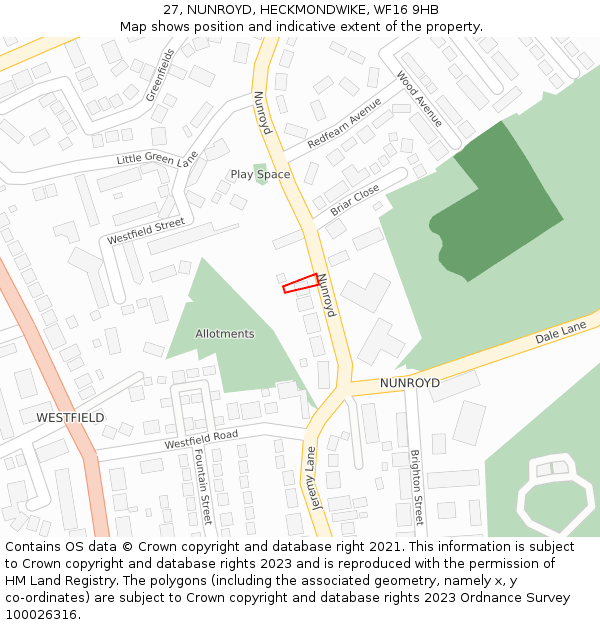 27, NUNROYD, HECKMONDWIKE, WF16 9HB: Location map and indicative extent of plot