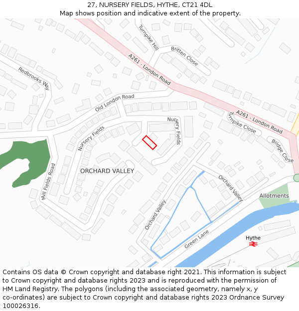 27, NURSERY FIELDS, HYTHE, CT21 4DL: Location map and indicative extent of plot