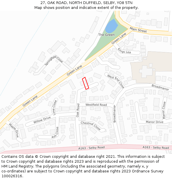 27, OAK ROAD, NORTH DUFFIELD, SELBY, YO8 5TN: Location map and indicative extent of plot