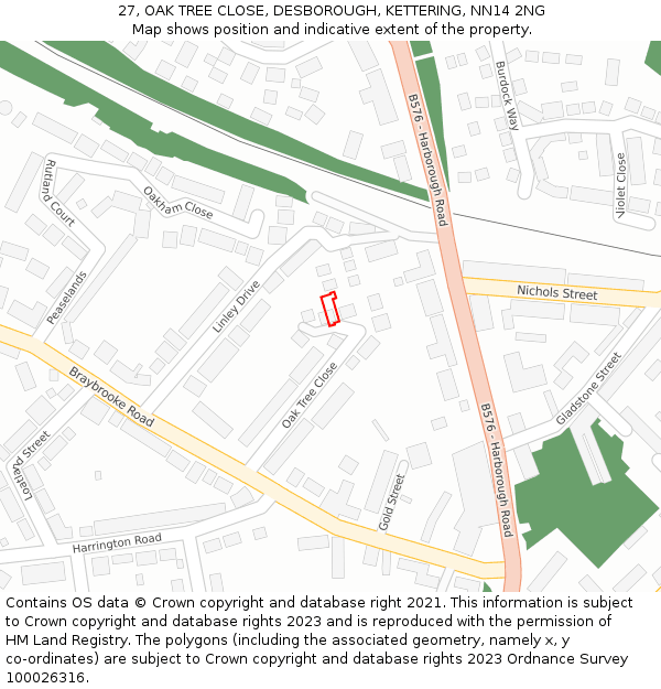 27, OAK TREE CLOSE, DESBOROUGH, KETTERING, NN14 2NG: Location map and indicative extent of plot