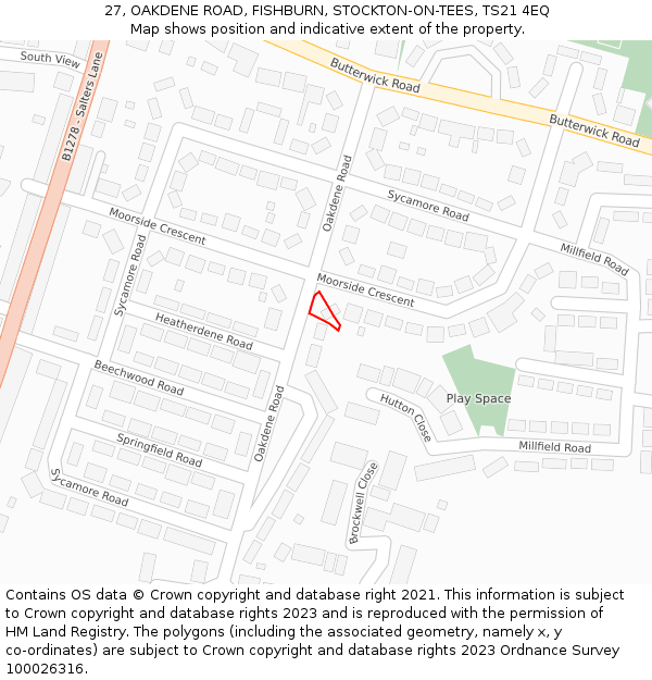 27, OAKDENE ROAD, FISHBURN, STOCKTON-ON-TEES, TS21 4EQ: Location map and indicative extent of plot