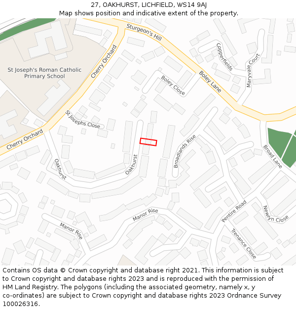 27, OAKHURST, LICHFIELD, WS14 9AJ: Location map and indicative extent of plot