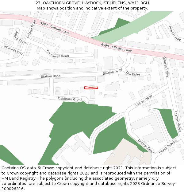 27, OAKTHORN GROVE, HAYDOCK, ST HELENS, WA11 0GU: Location map and indicative extent of plot