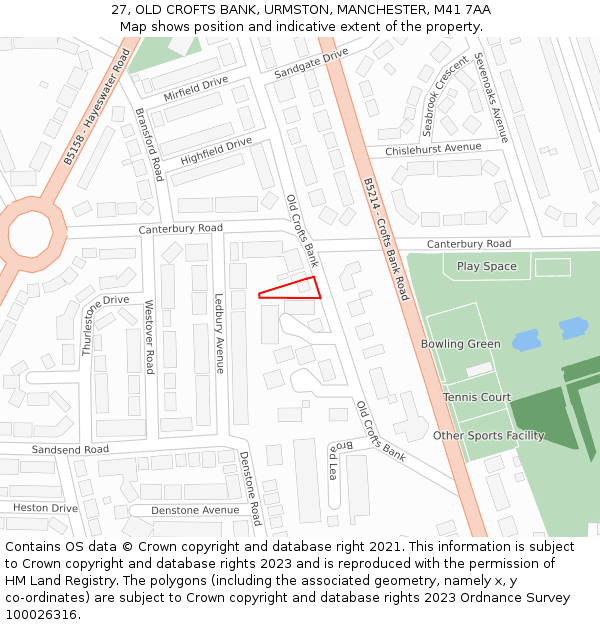 27, OLD CROFTS BANK, URMSTON, MANCHESTER, M41 7AA: Location map and indicative extent of plot