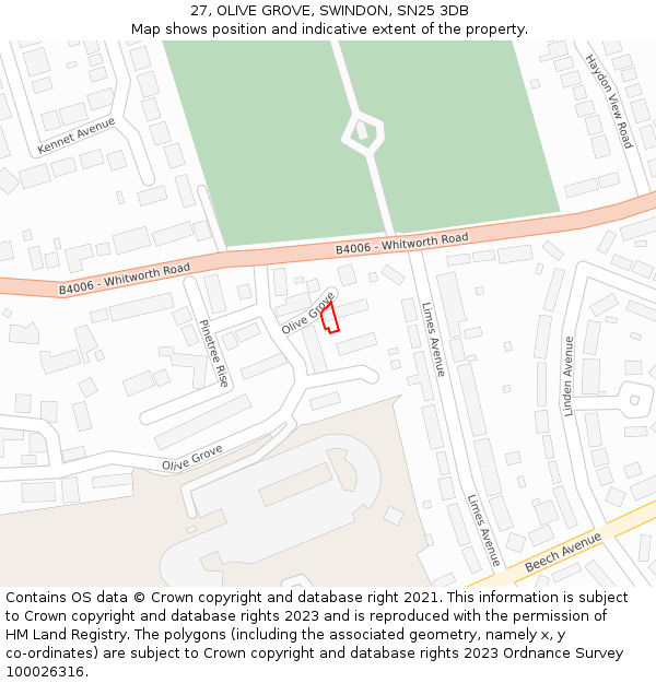 27, OLIVE GROVE, SWINDON, SN25 3DB: Location map and indicative extent of plot