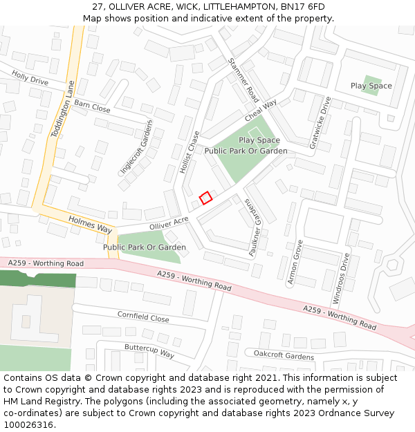 27, OLLIVER ACRE, WICK, LITTLEHAMPTON, BN17 6FD: Location map and indicative extent of plot