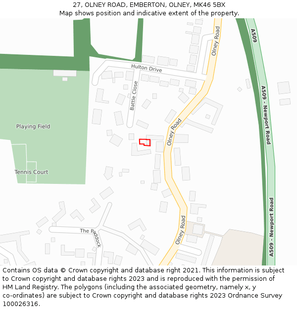 27, OLNEY ROAD, EMBERTON, OLNEY, MK46 5BX: Location map and indicative extent of plot