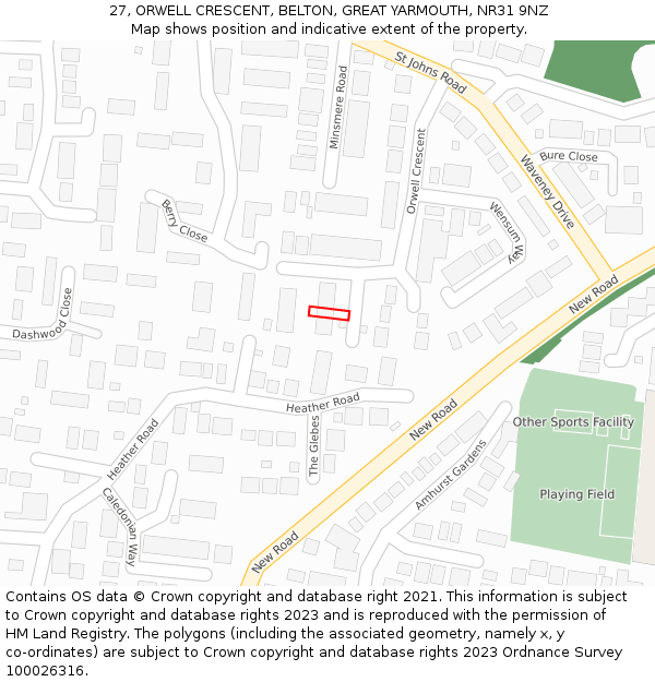 27, ORWELL CRESCENT, BELTON, GREAT YARMOUTH, NR31 9NZ: Location map and indicative extent of plot