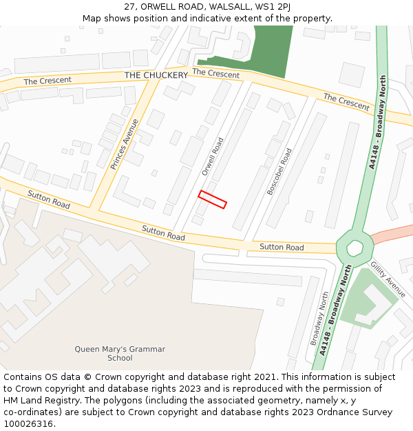 27, ORWELL ROAD, WALSALL, WS1 2PJ: Location map and indicative extent of plot