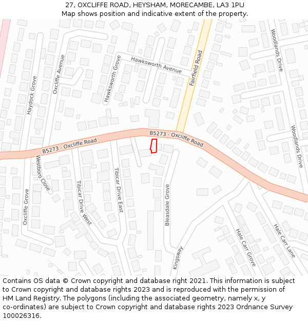 27, OXCLIFFE ROAD, HEYSHAM, MORECAMBE, LA3 1PU: Location map and indicative extent of plot