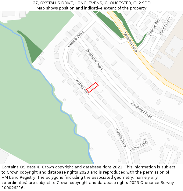 27, OXSTALLS DRIVE, LONGLEVENS, GLOUCESTER, GL2 9DD: Location map and indicative extent of plot