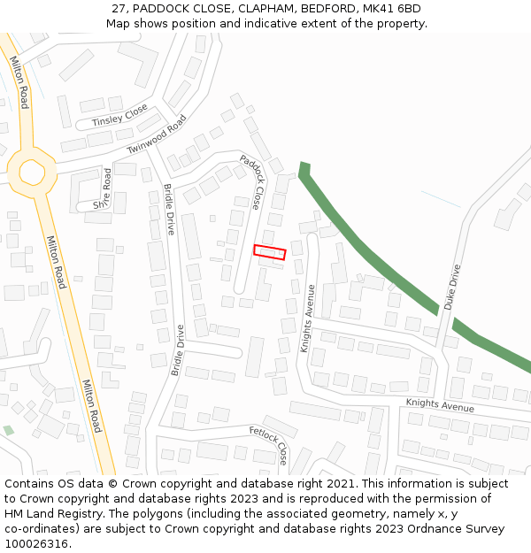 27, PADDOCK CLOSE, CLAPHAM, BEDFORD, MK41 6BD: Location map and indicative extent of plot