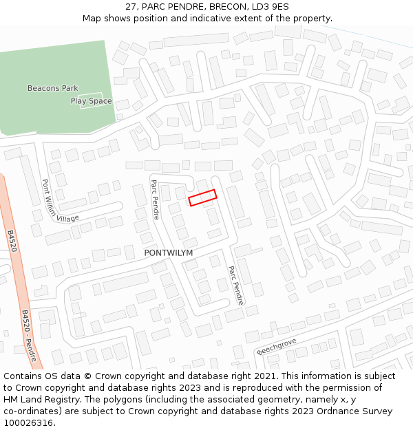 27, PARC PENDRE, BRECON, LD3 9ES: Location map and indicative extent of plot