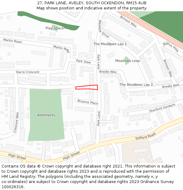 27, PARK LANE, AVELEY, SOUTH OCKENDON, RM15 4UB: Location map and indicative extent of plot