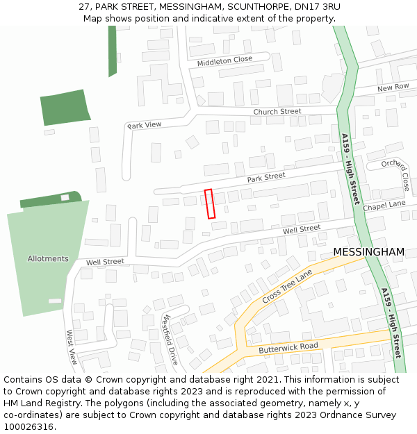 27, PARK STREET, MESSINGHAM, SCUNTHORPE, DN17 3RU: Location map and indicative extent of plot