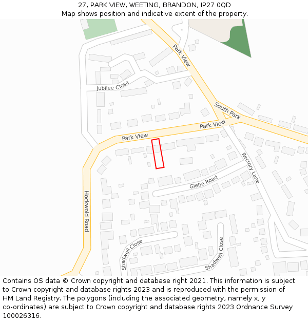 27, PARK VIEW, WEETING, BRANDON, IP27 0QD: Location map and indicative extent of plot