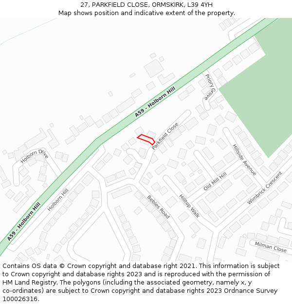 27, PARKFIELD CLOSE, ORMSKIRK, L39 4YH: Location map and indicative extent of plot