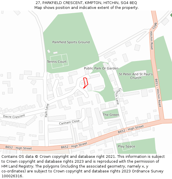 27, PARKFIELD CRESCENT, KIMPTON, HITCHIN, SG4 8EQ: Location map and indicative extent of plot