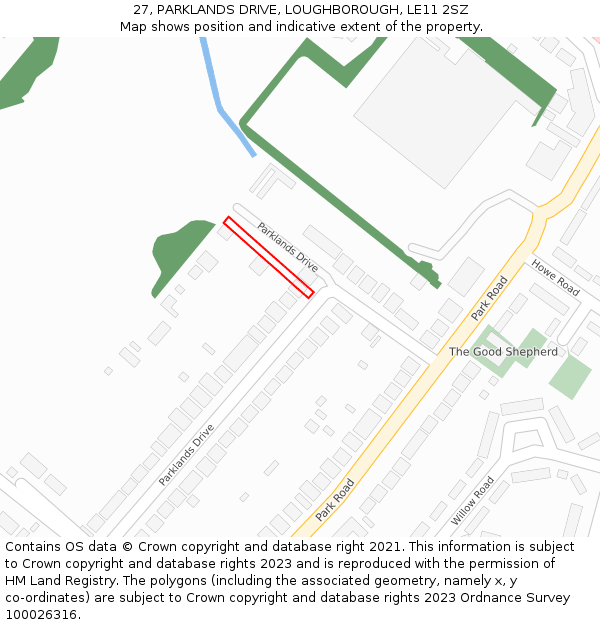 27, PARKLANDS DRIVE, LOUGHBOROUGH, LE11 2SZ: Location map and indicative extent of plot