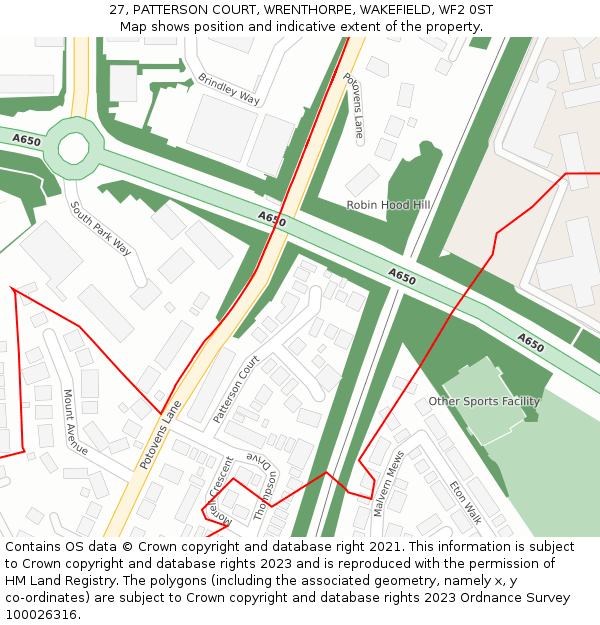 27, PATTERSON COURT, WRENTHORPE, WAKEFIELD, WF2 0ST: Location map and indicative extent of plot