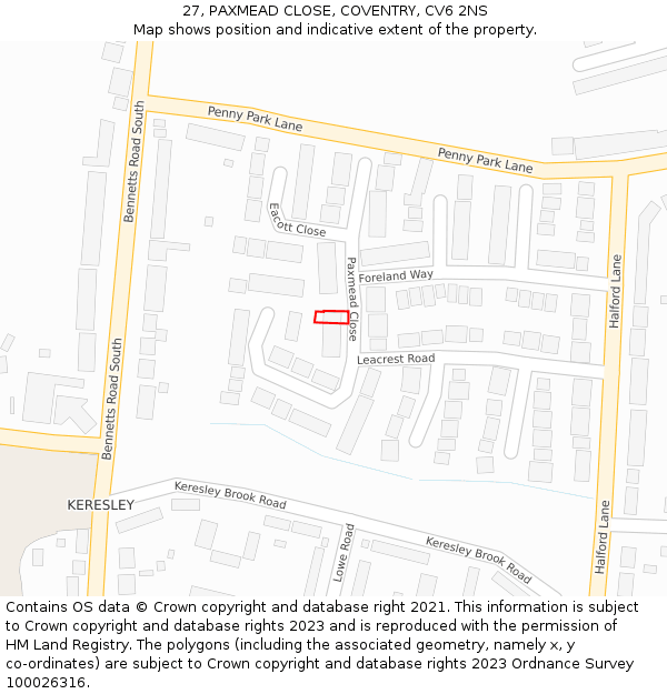 27, PAXMEAD CLOSE, COVENTRY, CV6 2NS: Location map and indicative extent of plot