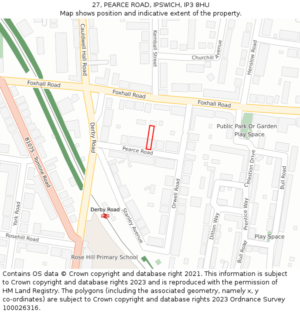 27, PEARCE ROAD, IPSWICH, IP3 8HU: Location map and indicative extent of plot