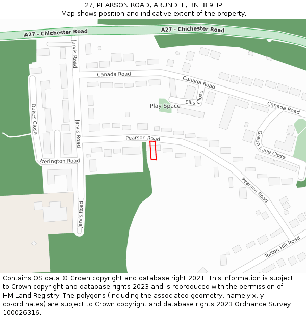 27, PEARSON ROAD, ARUNDEL, BN18 9HP: Location map and indicative extent of plot