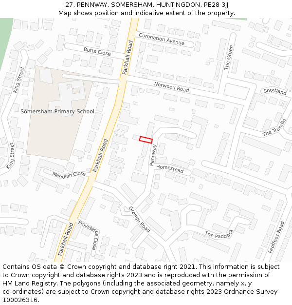 27, PENNWAY, SOMERSHAM, HUNTINGDON, PE28 3JJ: Location map and indicative extent of plot