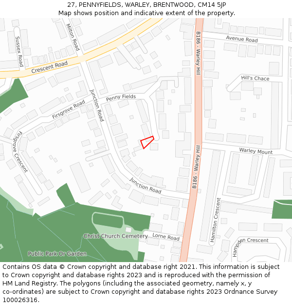 27, PENNYFIELDS, WARLEY, BRENTWOOD, CM14 5JP: Location map and indicative extent of plot