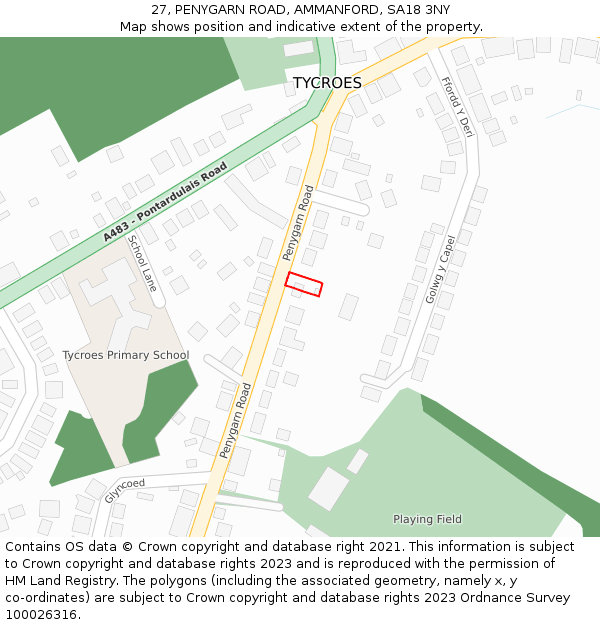 27, PENYGARN ROAD, AMMANFORD, SA18 3NY: Location map and indicative extent of plot