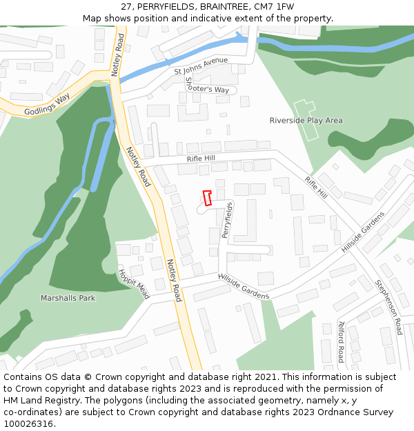 27, PERRYFIELDS, BRAINTREE, CM7 1FW: Location map and indicative extent of plot