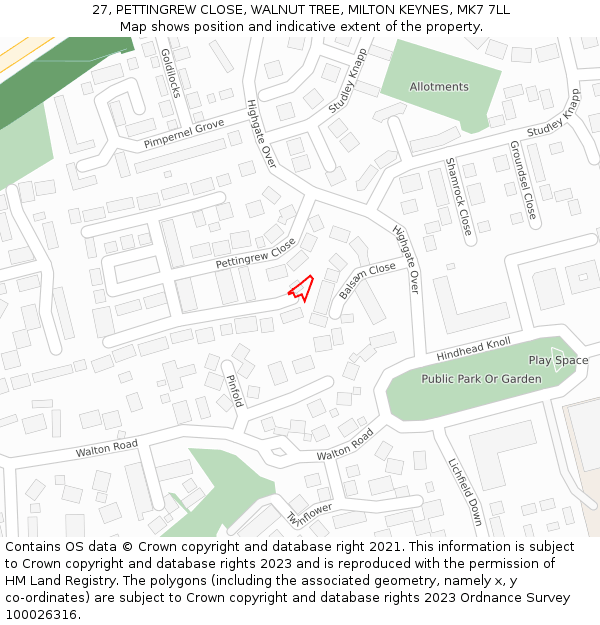 27, PETTINGREW CLOSE, WALNUT TREE, MILTON KEYNES, MK7 7LL: Location map and indicative extent of plot