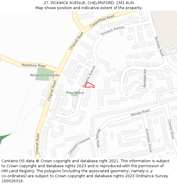 27, PICKWICK AVENUE, CHELMSFORD, CM1 4UN: Location map and indicative extent of plot