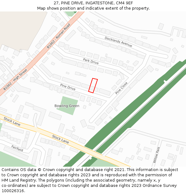 27, PINE DRIVE, INGATESTONE, CM4 9EF: Location map and indicative extent of plot